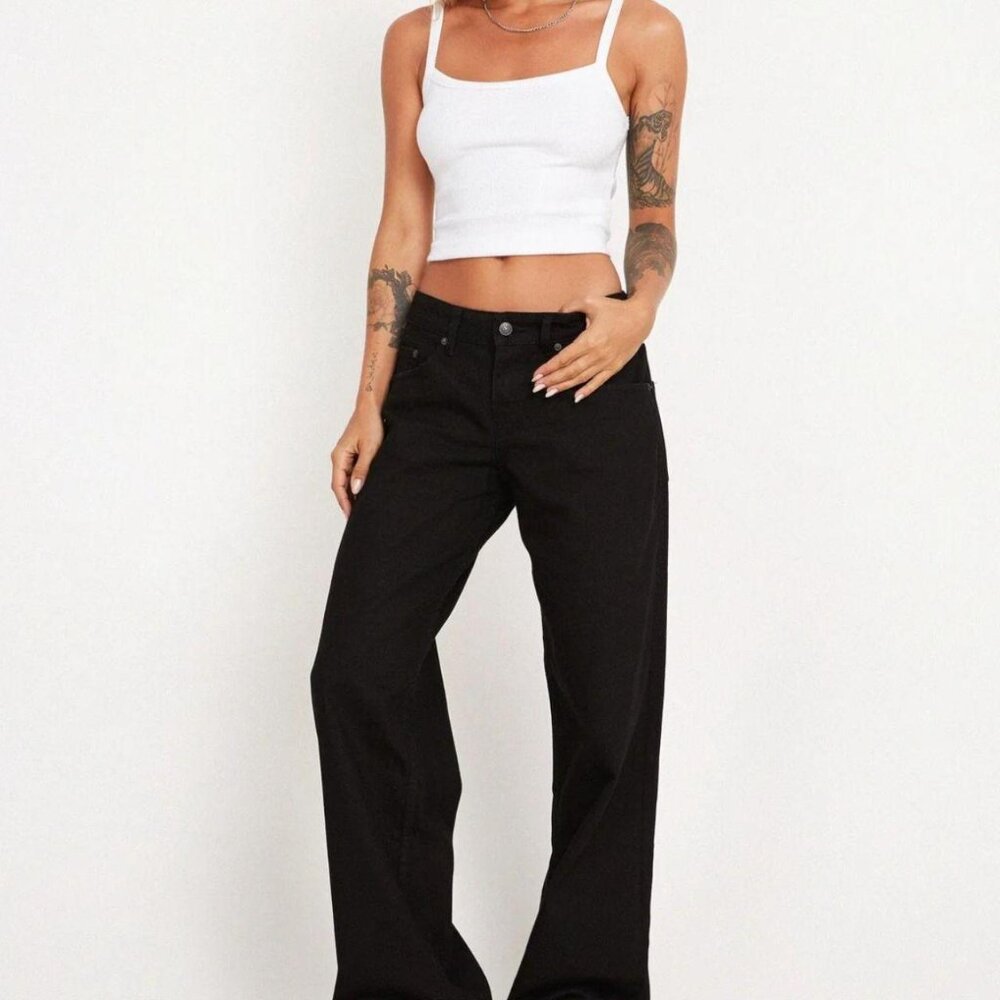 Motel Rocks Roomy Wide Leg Low Rise Jeans In Vintage Blue Wash